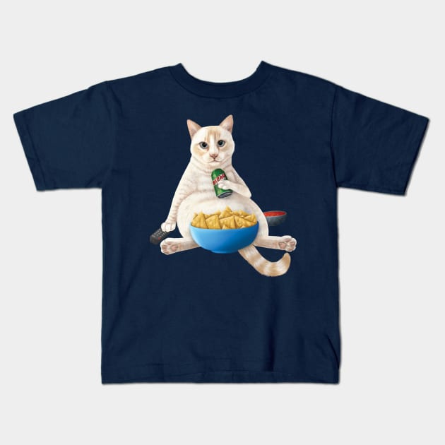 Flame point siamese - Couch Potato Cat with chips and a soda Kids T-Shirt by Mehu Art